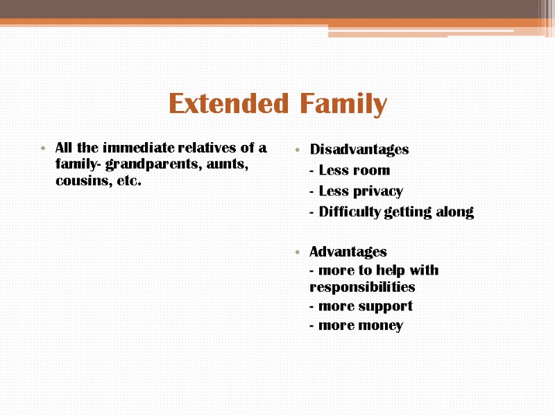 Extended Family All the immediate relatives of a family- grandparents, aunts, cousins, etc. Disadvantages